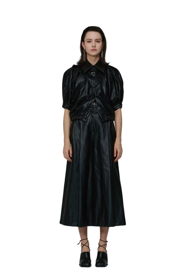 Pin-tuck Fake Leather Pants (BK)