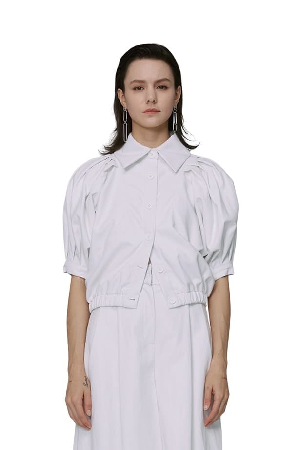 Puff Short-sleeved Fake Leather Jacket (WH)