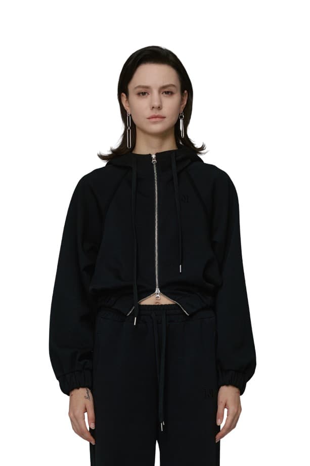 Embroidery Raglan Hoodie Zip-up (BLACK)