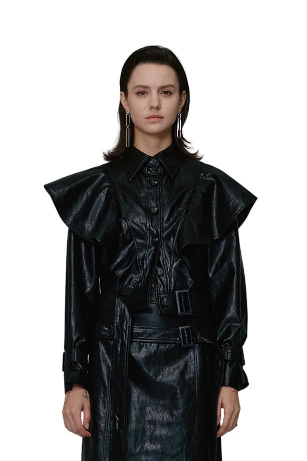 Ruffle Fake Leather Jacket (BK)