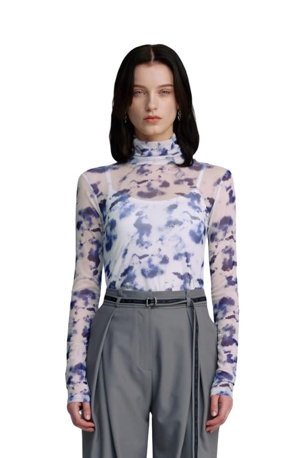 Mesh Print Turtleneck T-shirt (BLUE)