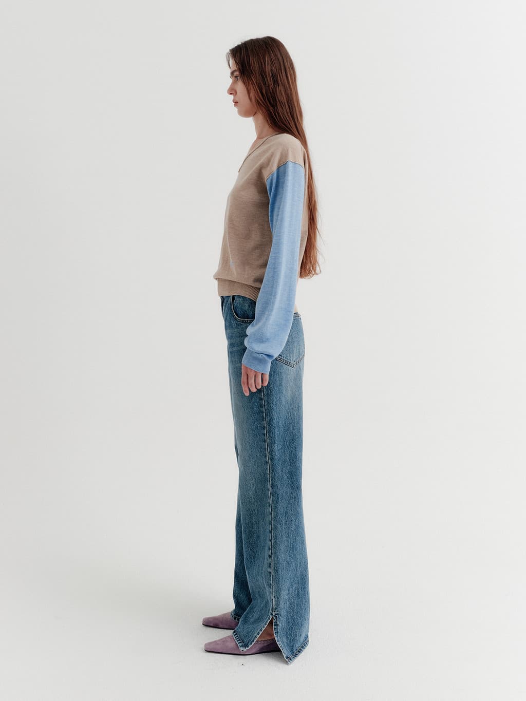 Flare-Fit Slit Denim Pants - Blue — vue 5