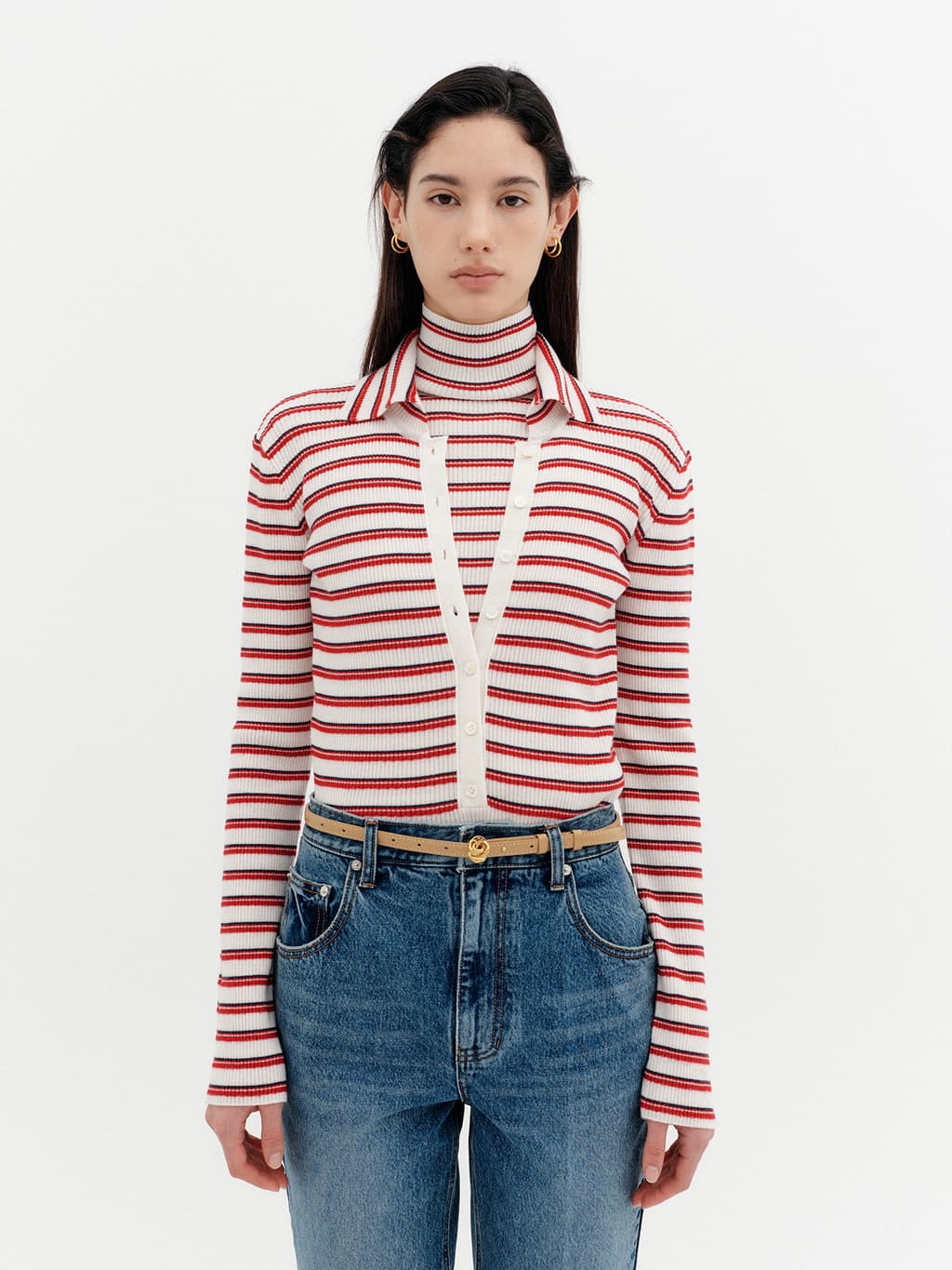 High-Neck Layered Knit Top - Ivory — vue 2
