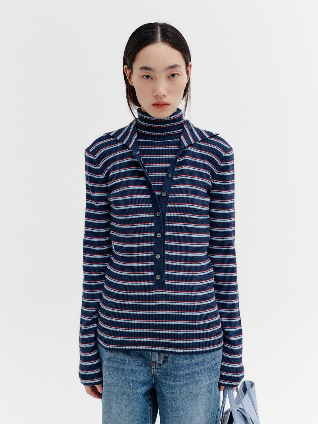 High-Neck Layered Knit Top - Navy — vue 2