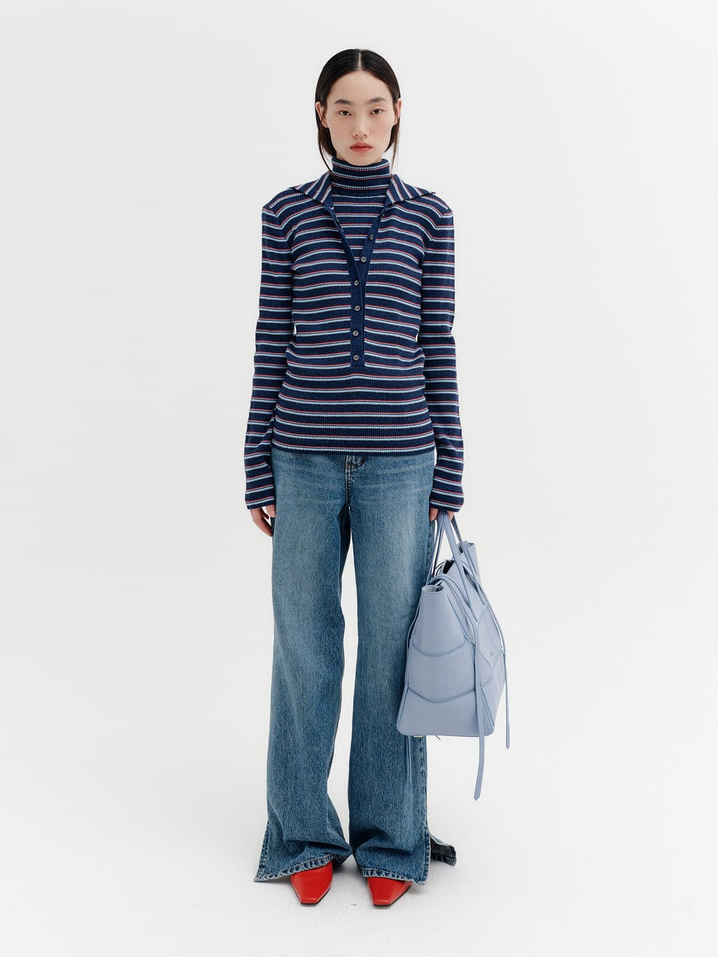 High-Neck Layered Knit Top - Navy — vue 4