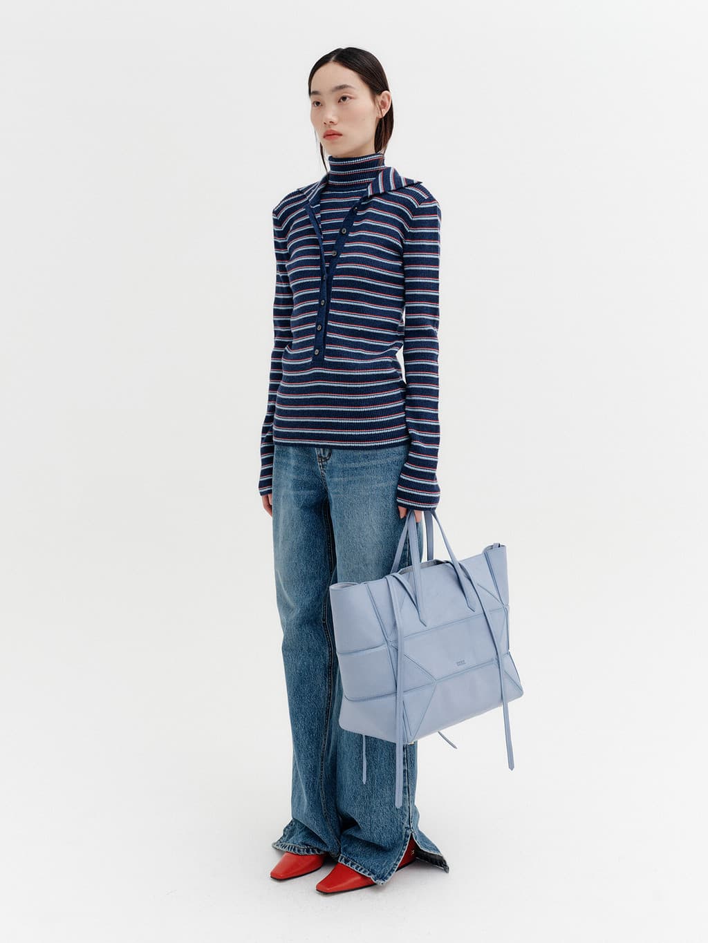 High-Neck Layered Knit Top - Navy — vue 5