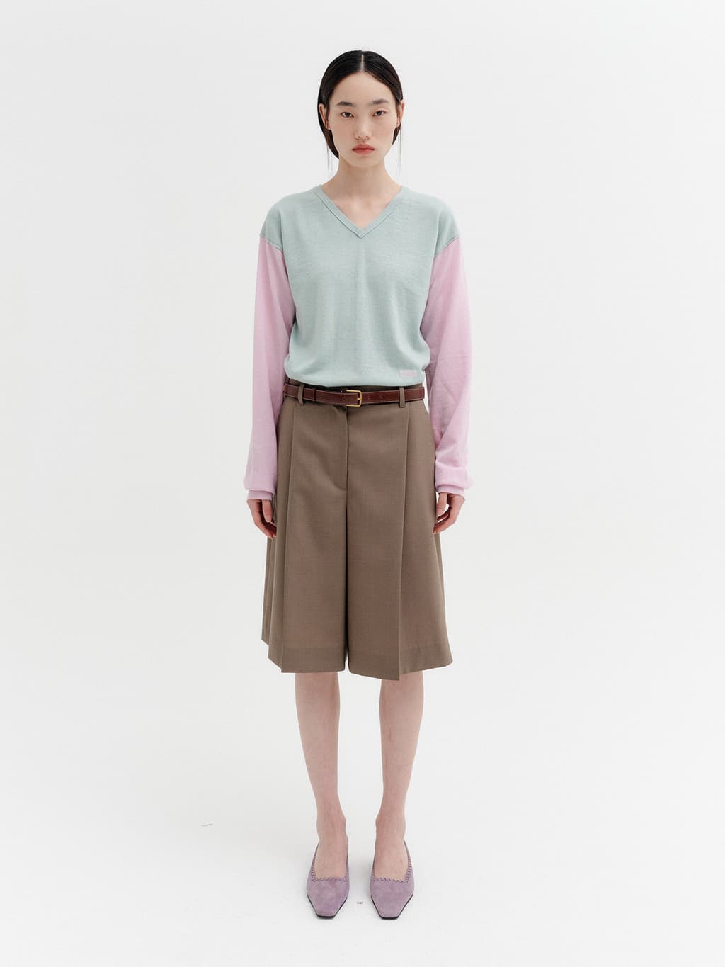 V-Neck Contrast Knit Top - Mint — vue 4