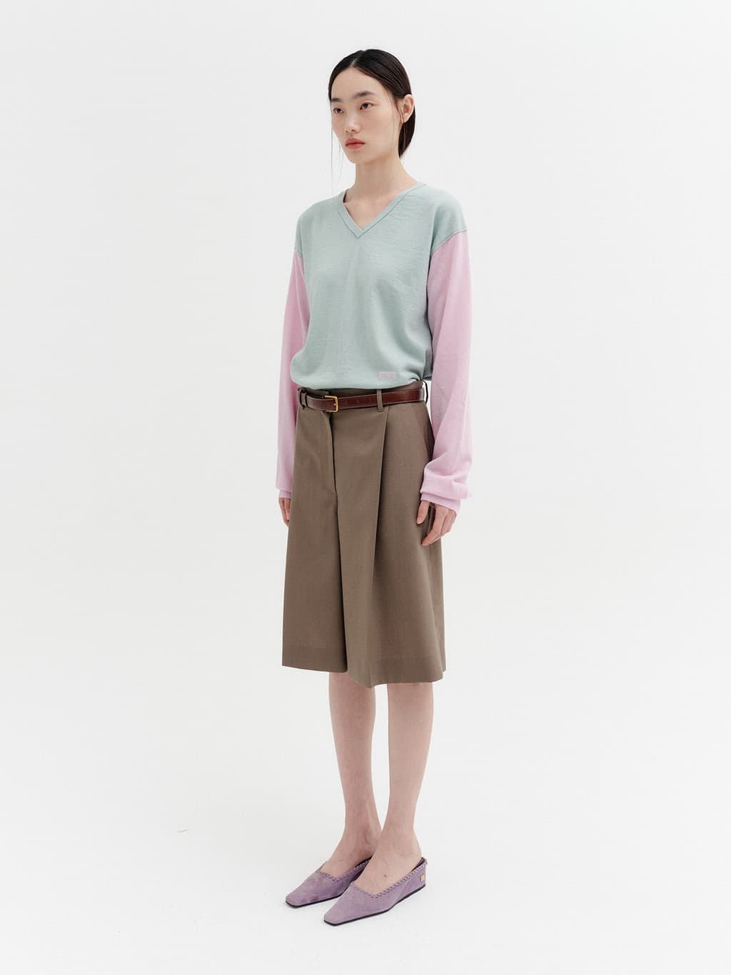 V-Neck Contrast Knit Top - Mint — vue 5