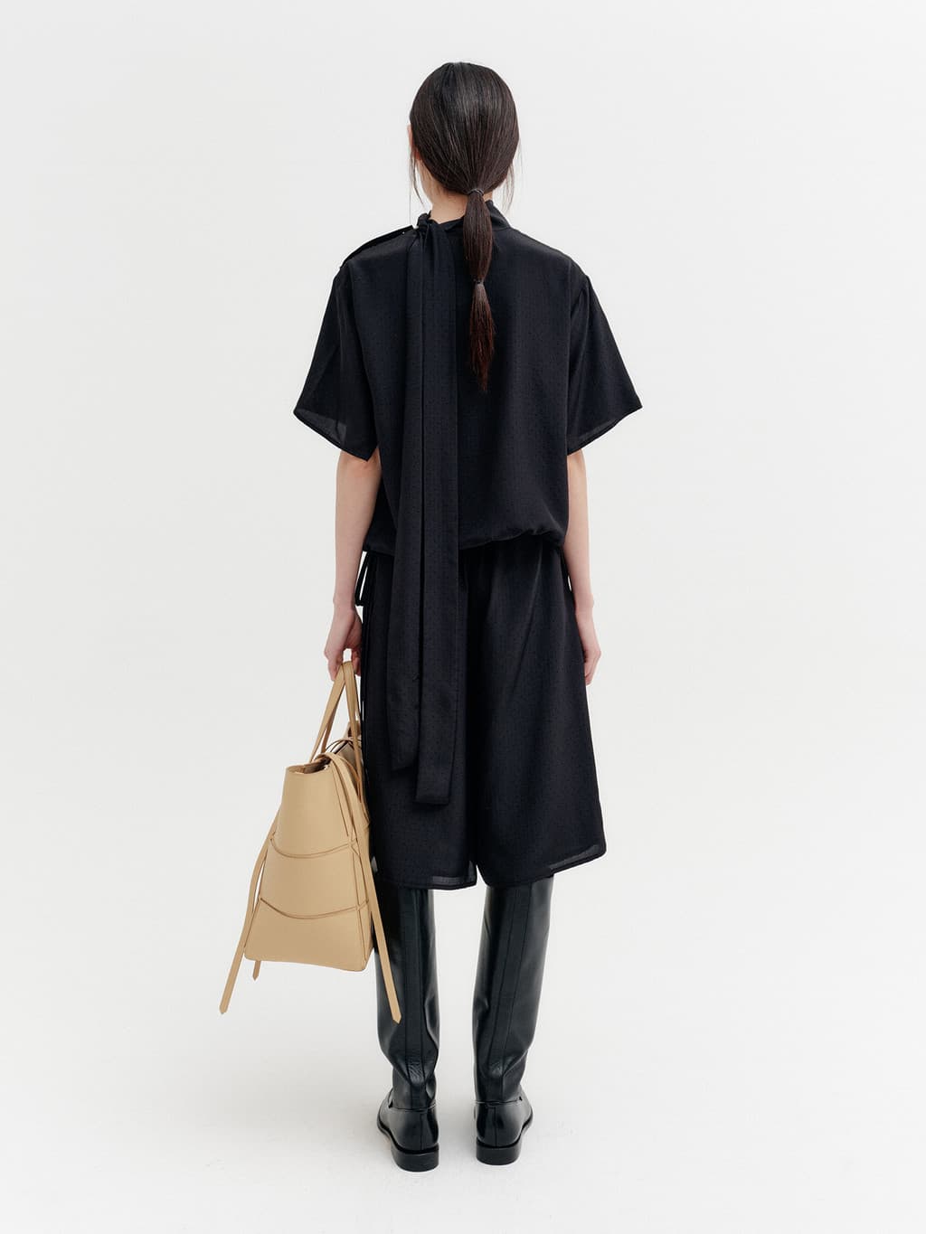 Drawstring Waist Pattern Pants - Black — vue 5