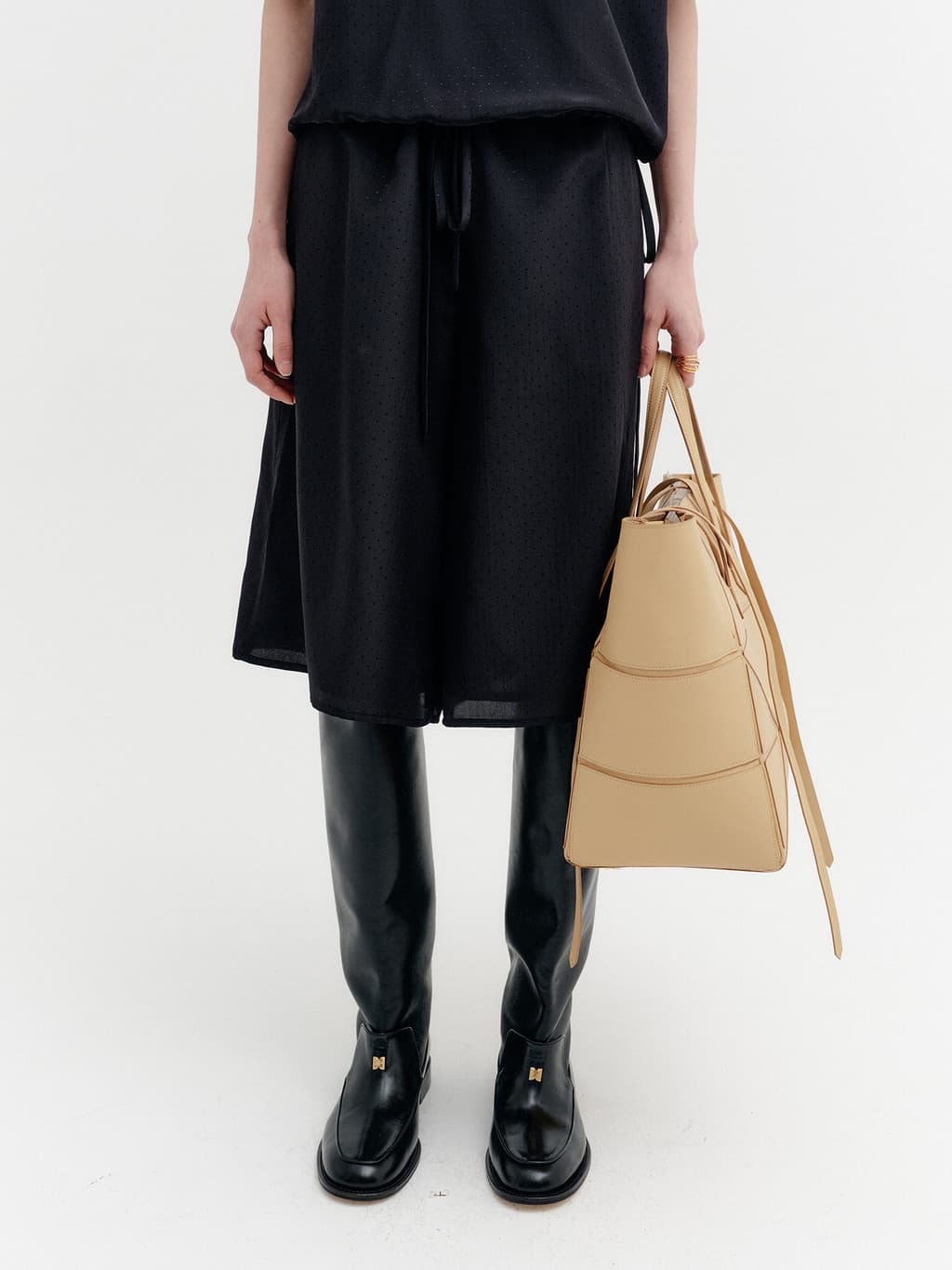 Drawstring Waist Pattern Pants - Black — vue 6