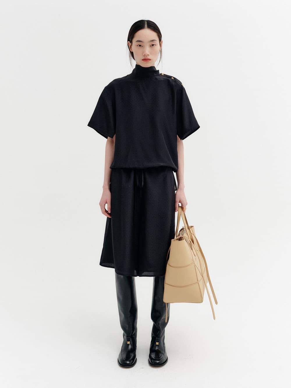 Drawstring Waist Pattern Pants - Black