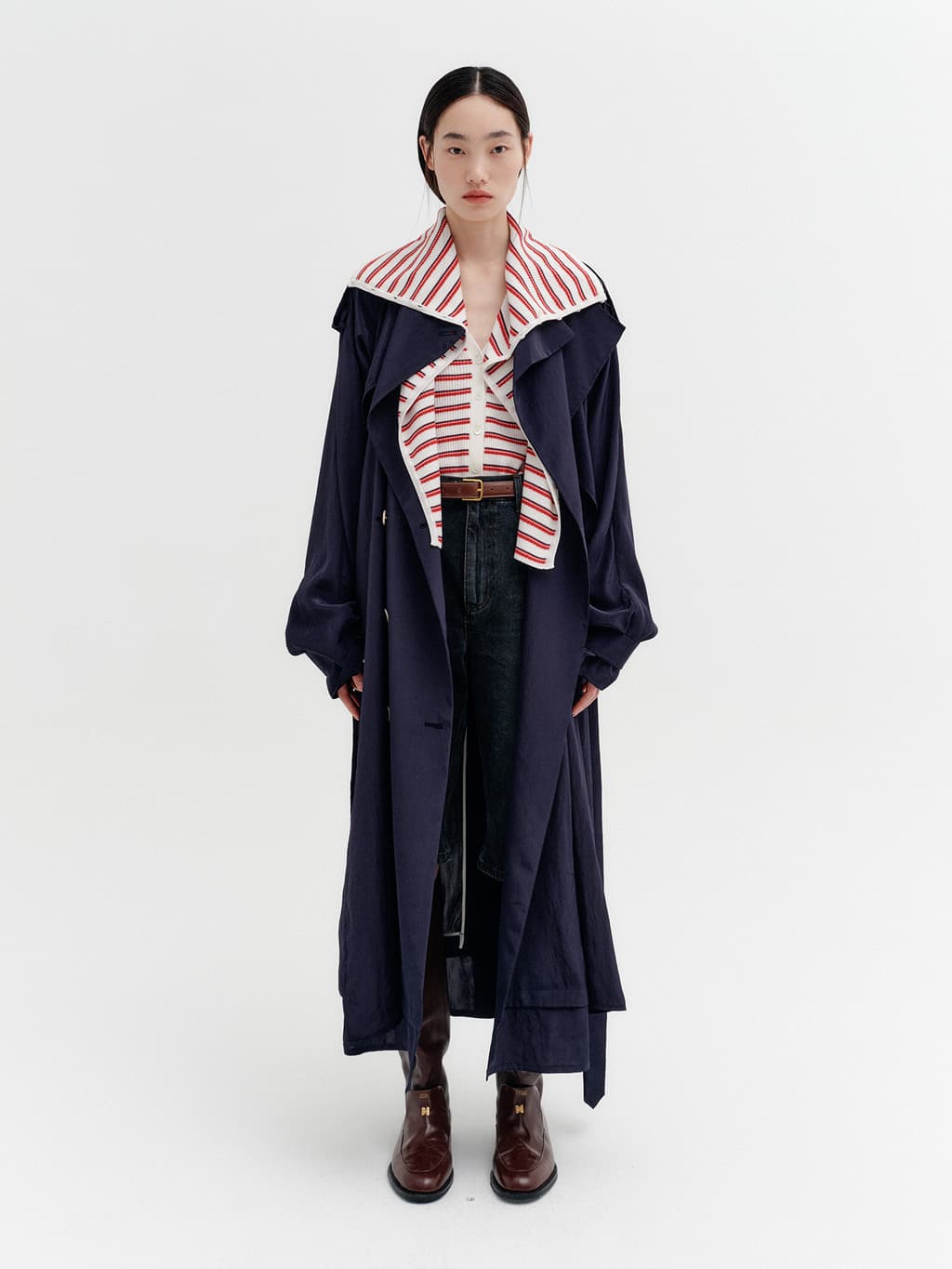 Layered Collar Trench Coat - Navy — vue 2
