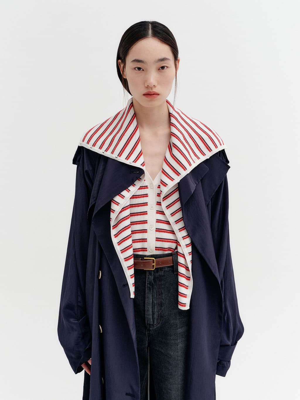 Layered Collar Trench Coat - Navy — vue 7