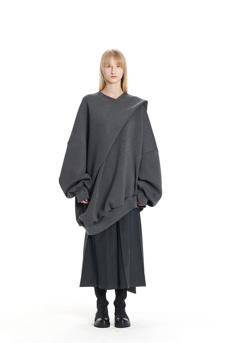 GDeL Scarf-Matched Ultra Wide Sweat Top (Dark Grey) — vue 1