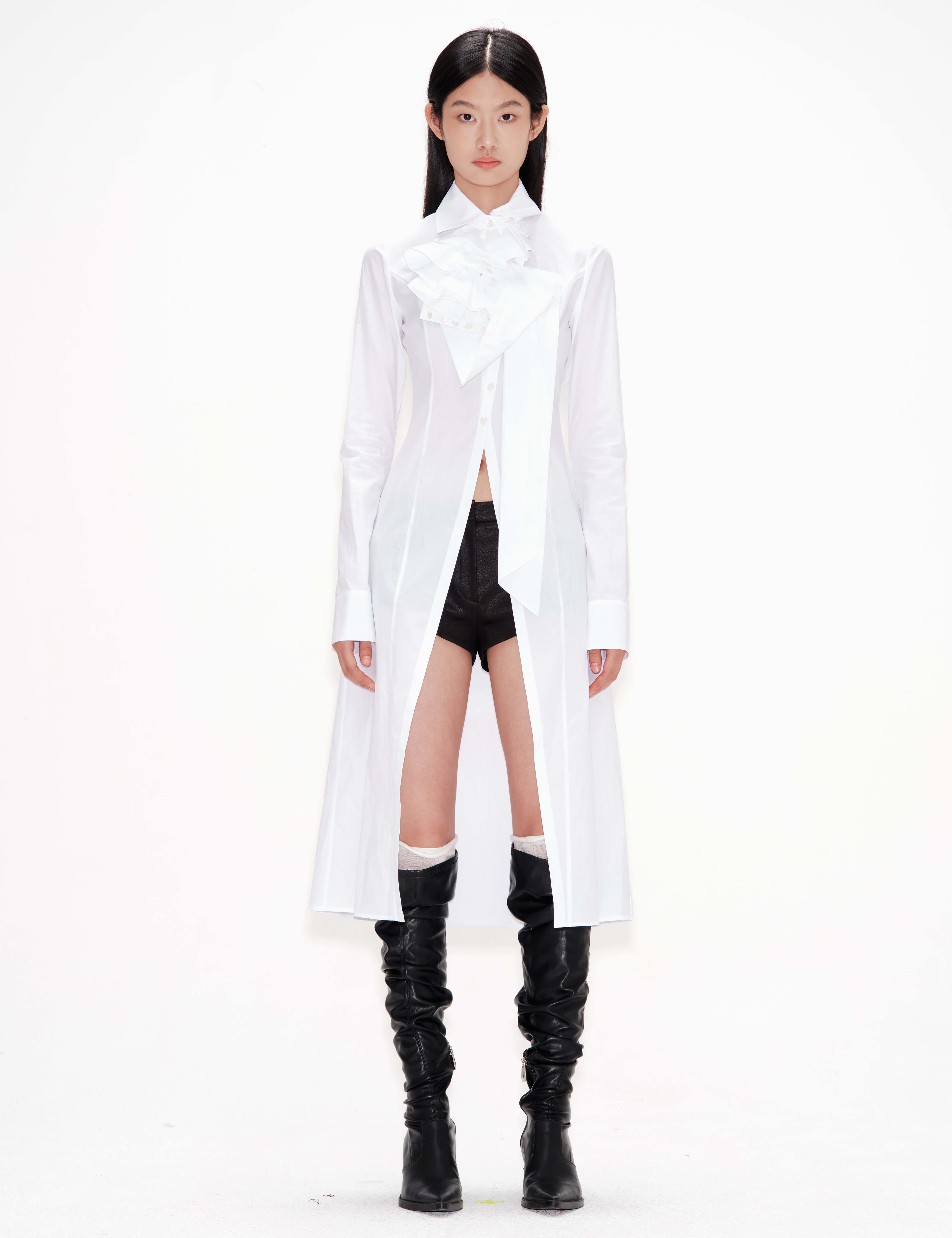 Asymmetric Cuffs Ruffle Long Shirt