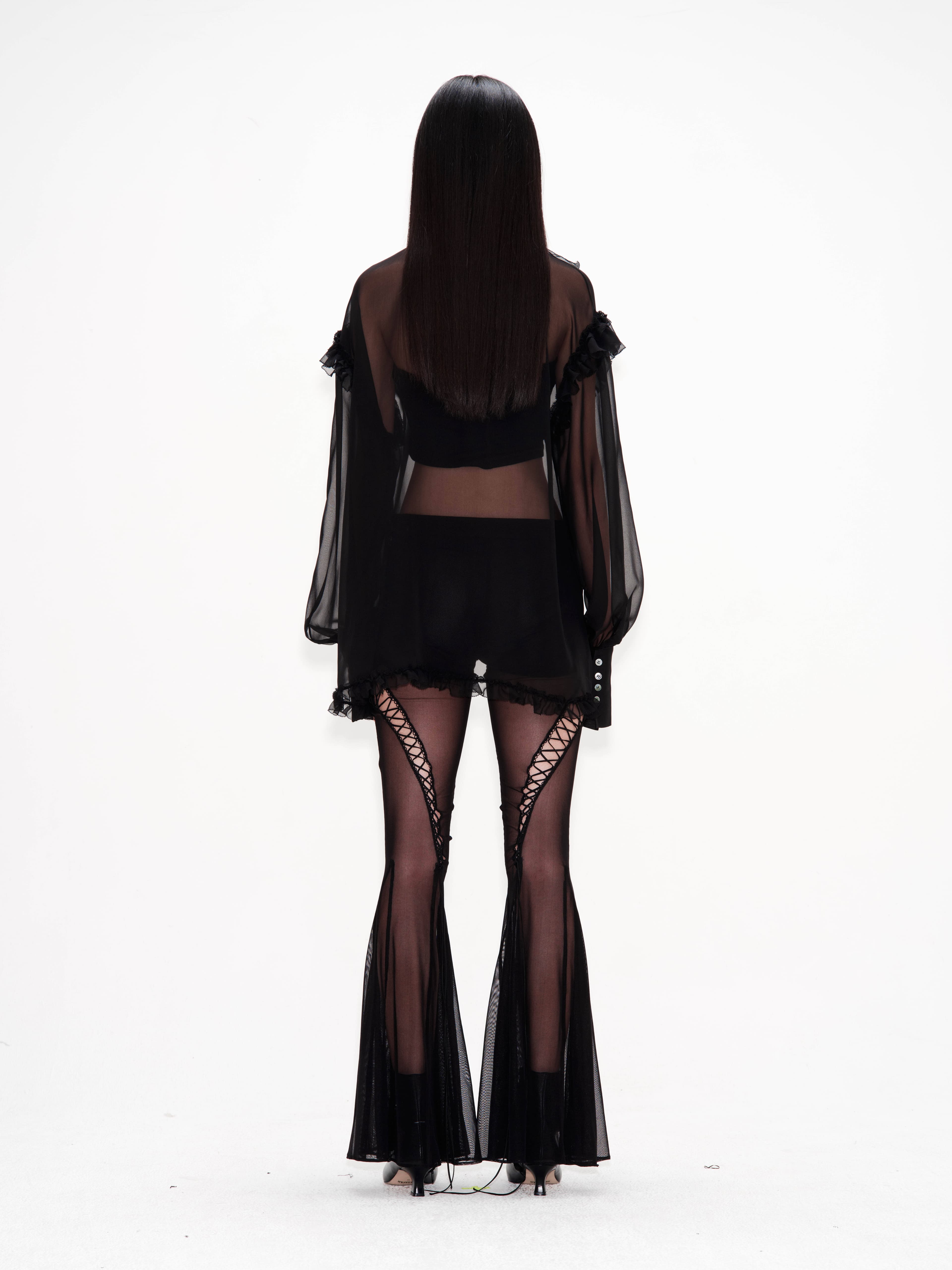 Silk Ruffle Shirt (Black) — vue 3