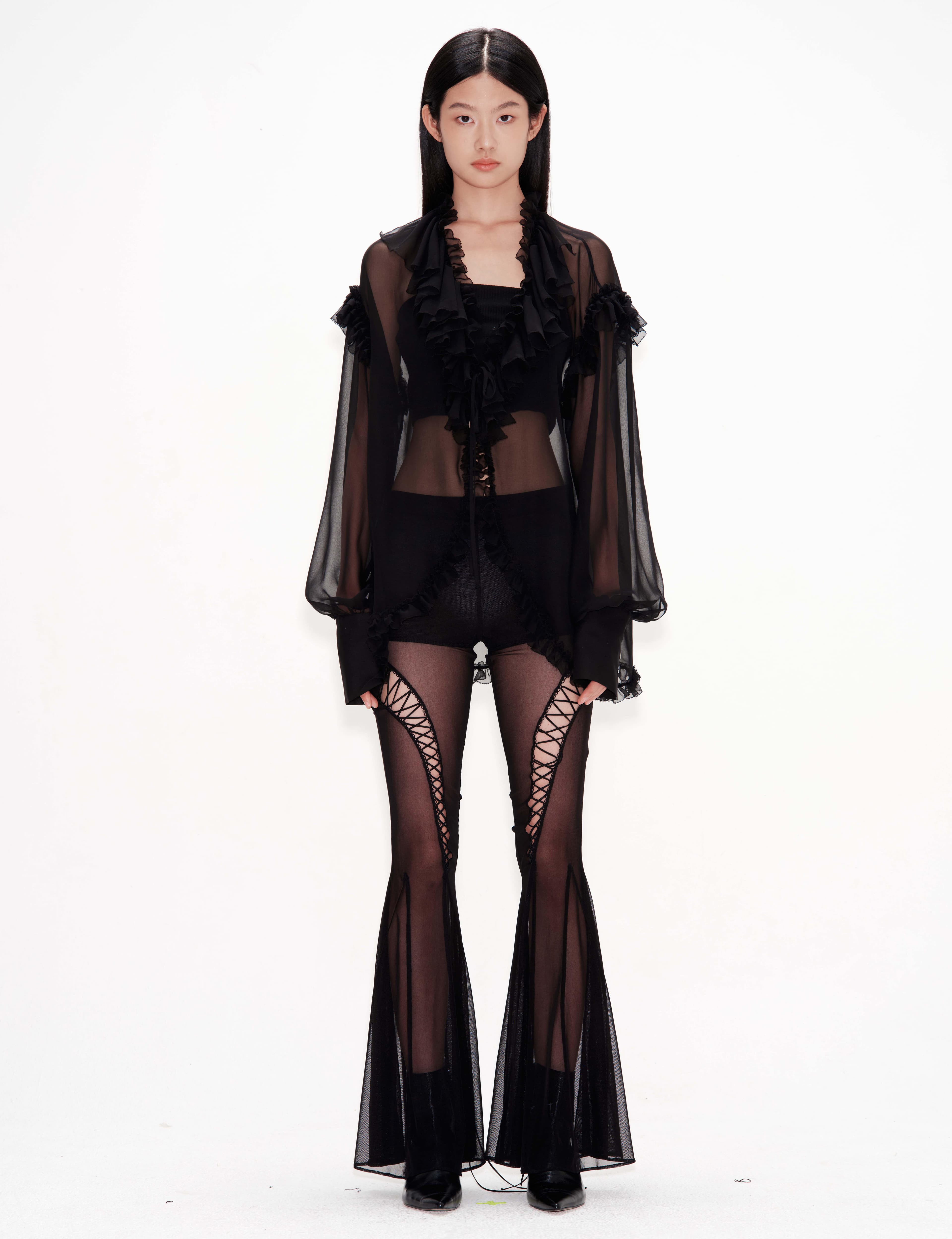 Silk Ruffle Shirt (Black) — vue 1