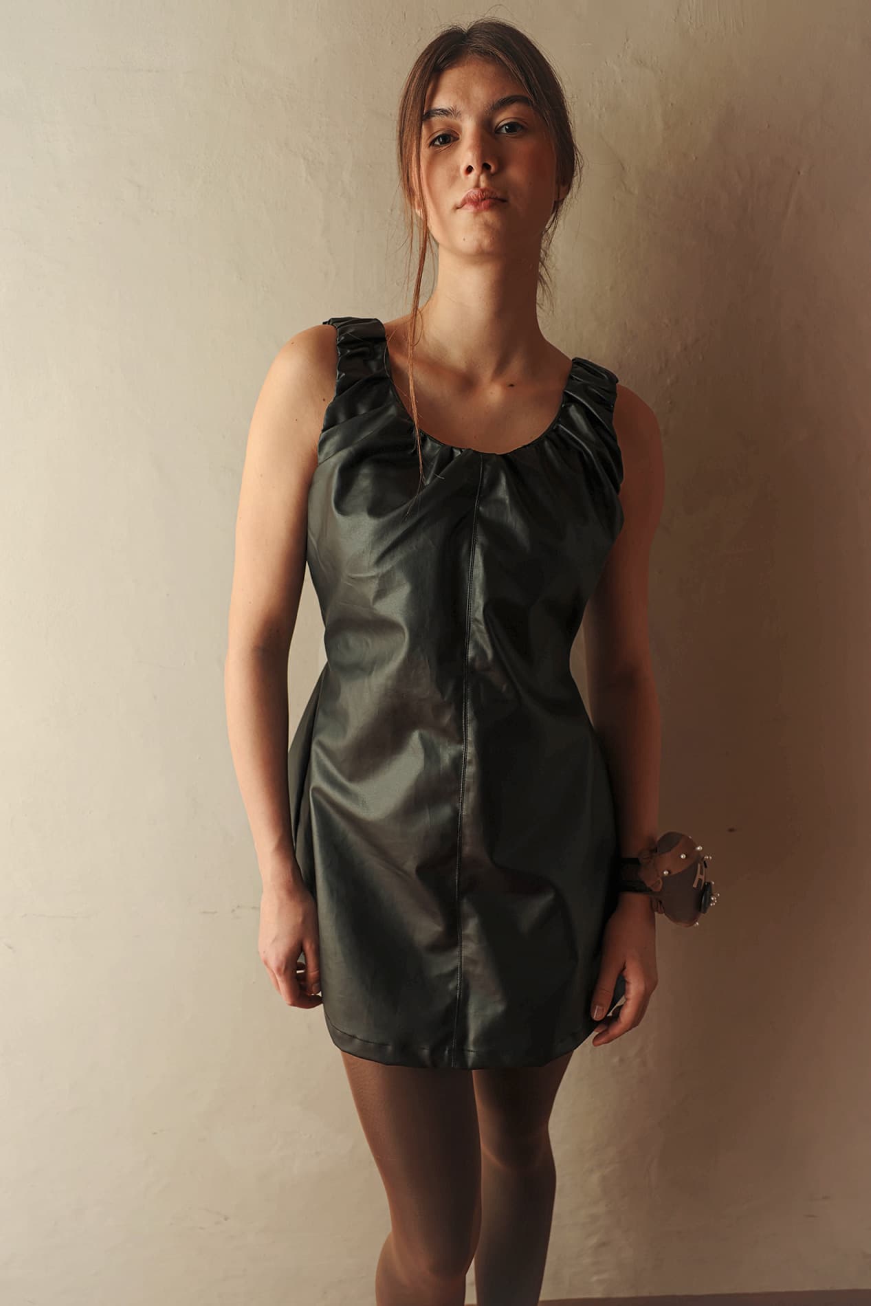 Eco Leather Ruched Mini Dress — vue 3