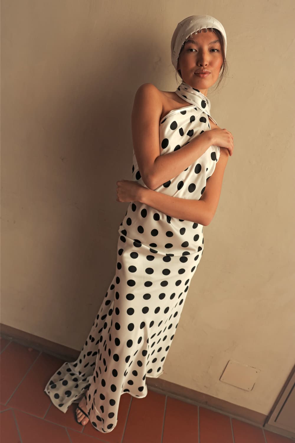 Dot Scarf Draped Dress — vue 3