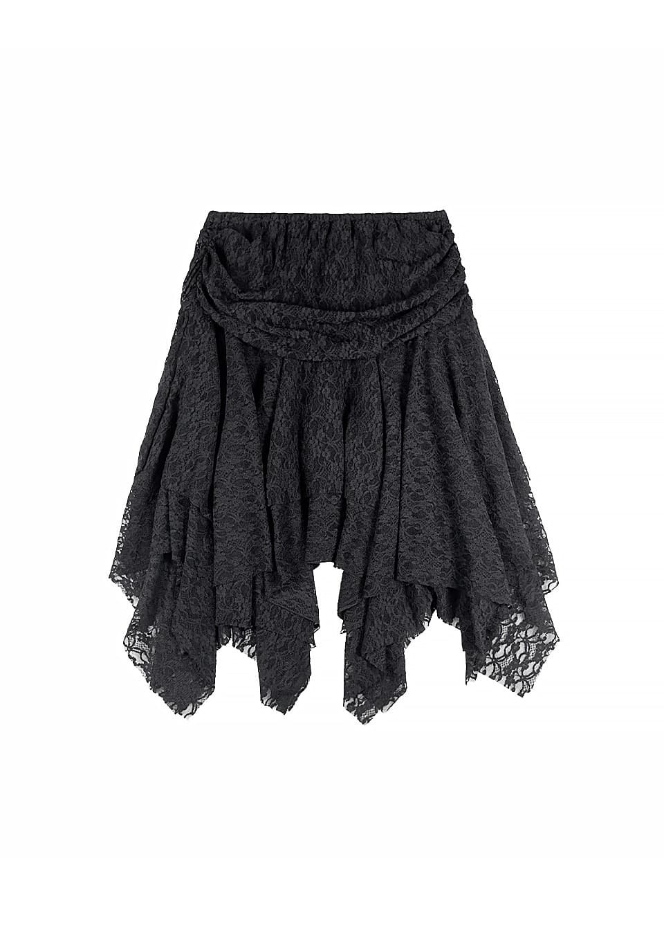FAIRY UNBALANCED SHIRRING FLARE RUFFLE SKIRT BLACK