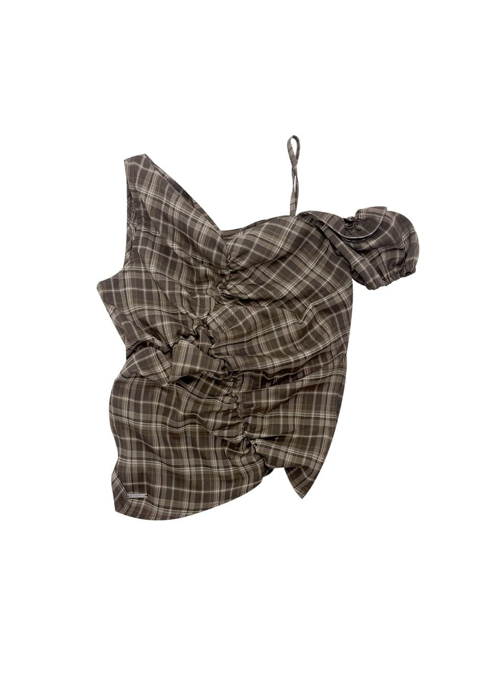 one-shoulder shirring blouse_Check Brown