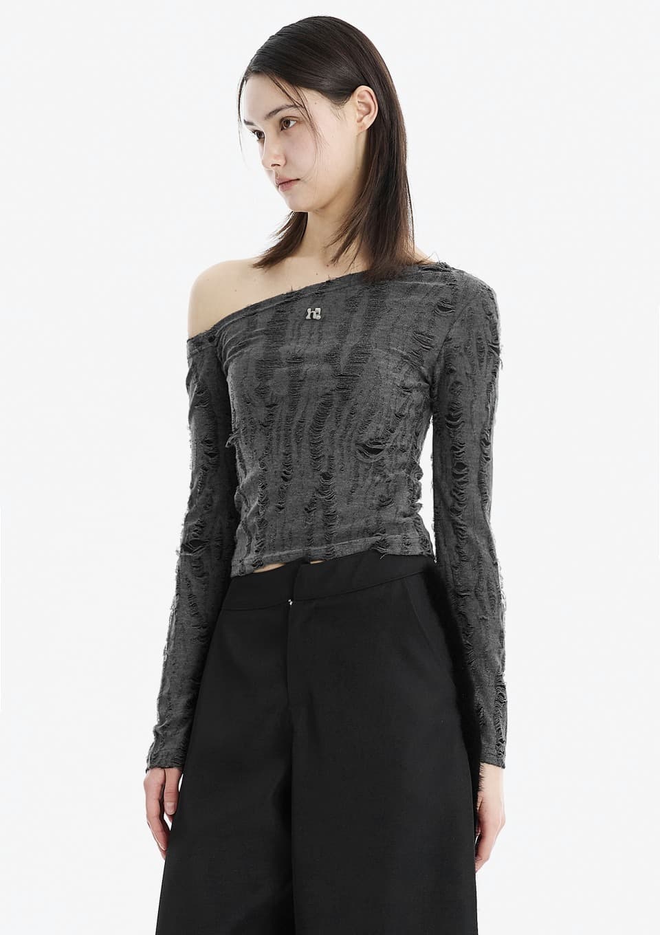 Holy Symbol Ripped Off-shoulder Top_charcoal