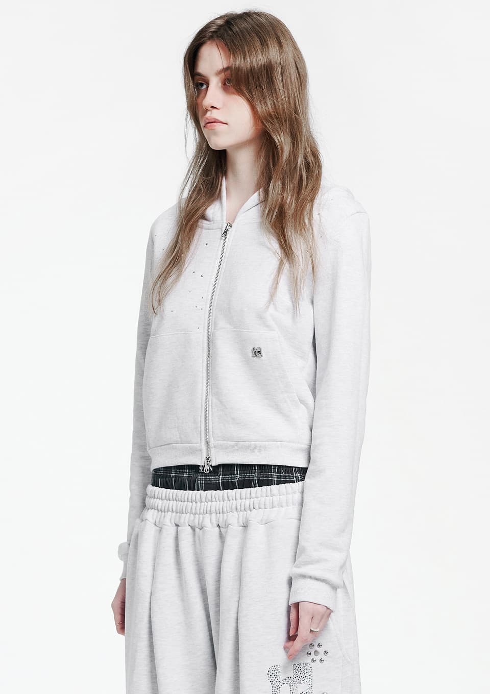 Holy Symbol Crop Hooded Zip-Up_WHITE MELANGE