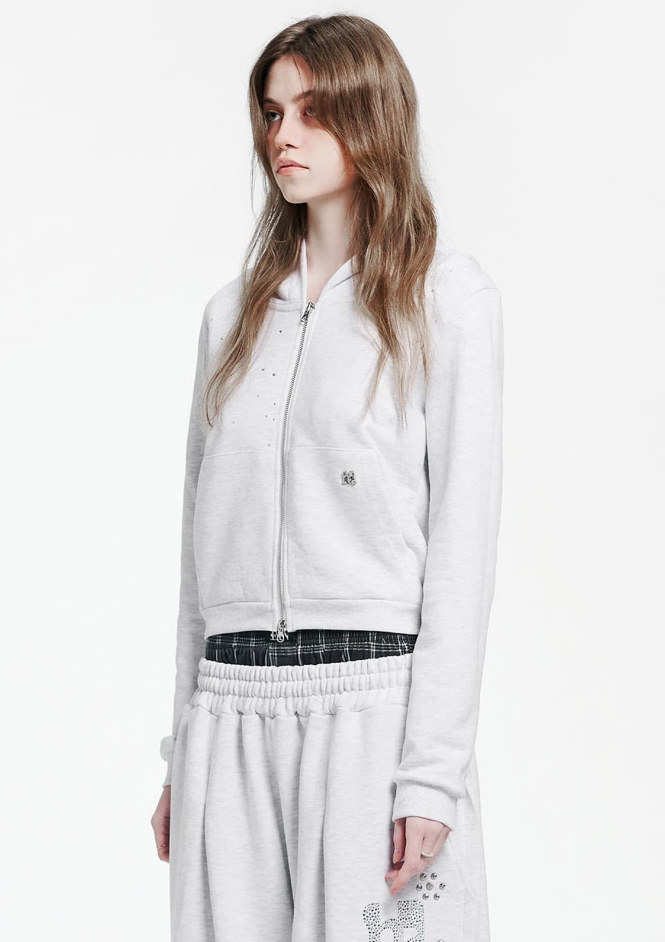 Holy Symbol Crop Hooded Zip-Up_WHITE MELANGE