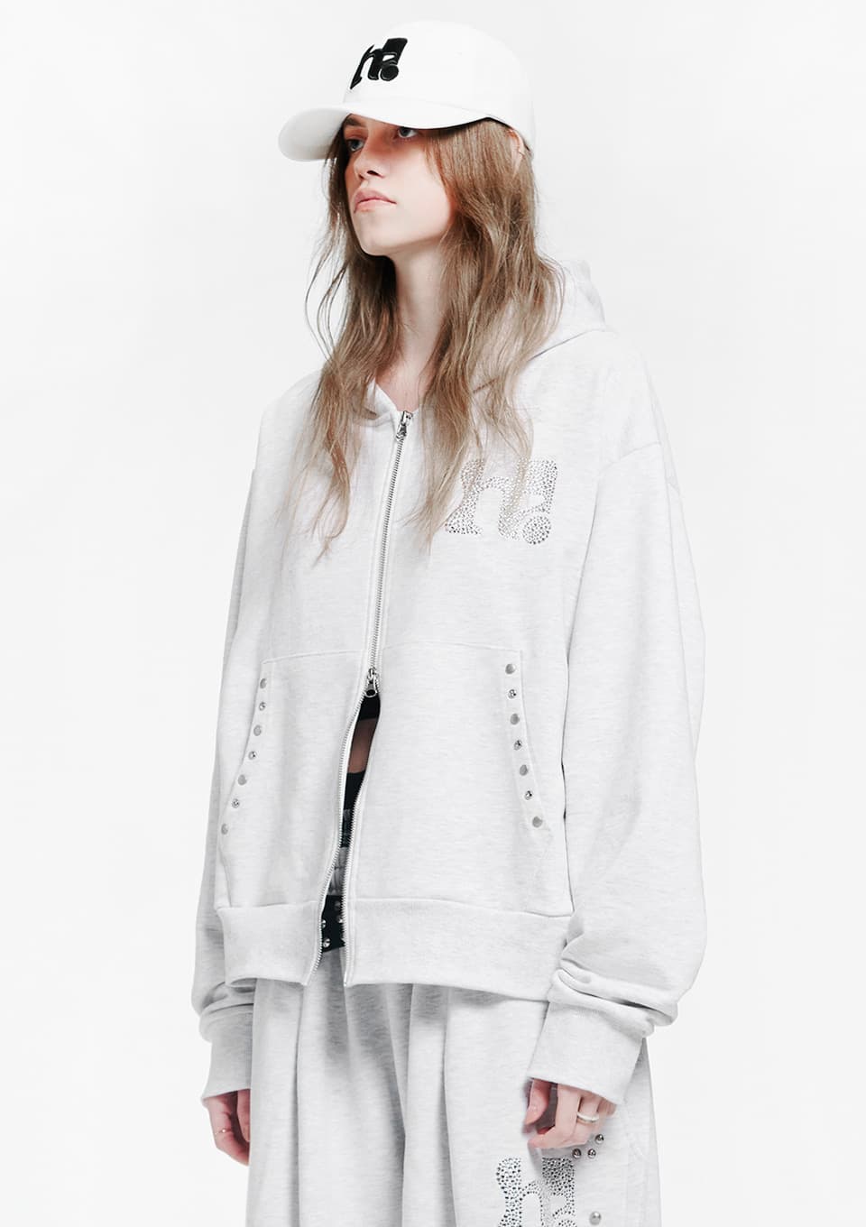 Holy Symbol Oversized hooded zip-up_WHITE MELANGE
