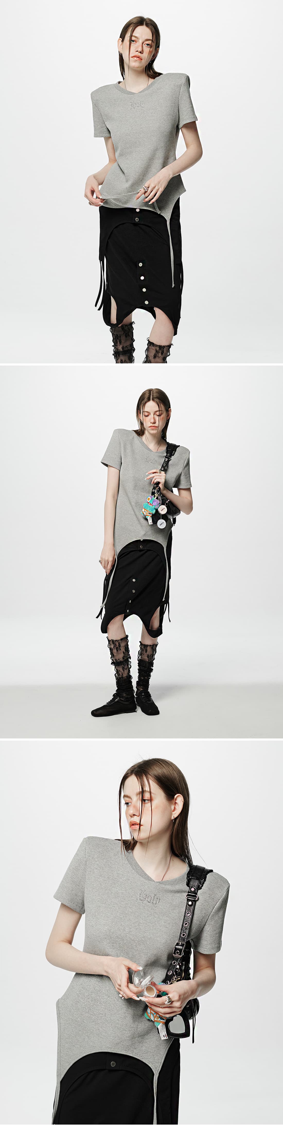 Shoulder-padded waffle T-shirt _ Gray — vue 3