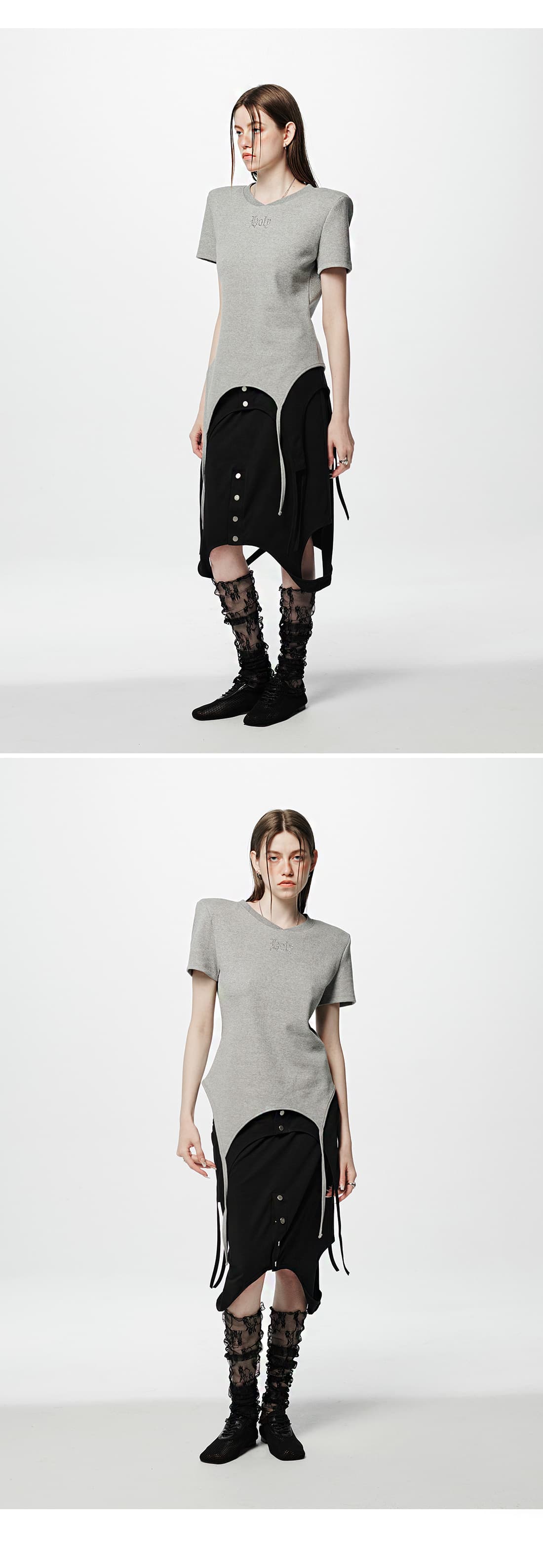 Shoulder-padded waffle T-shirt _ Gray — vue 4