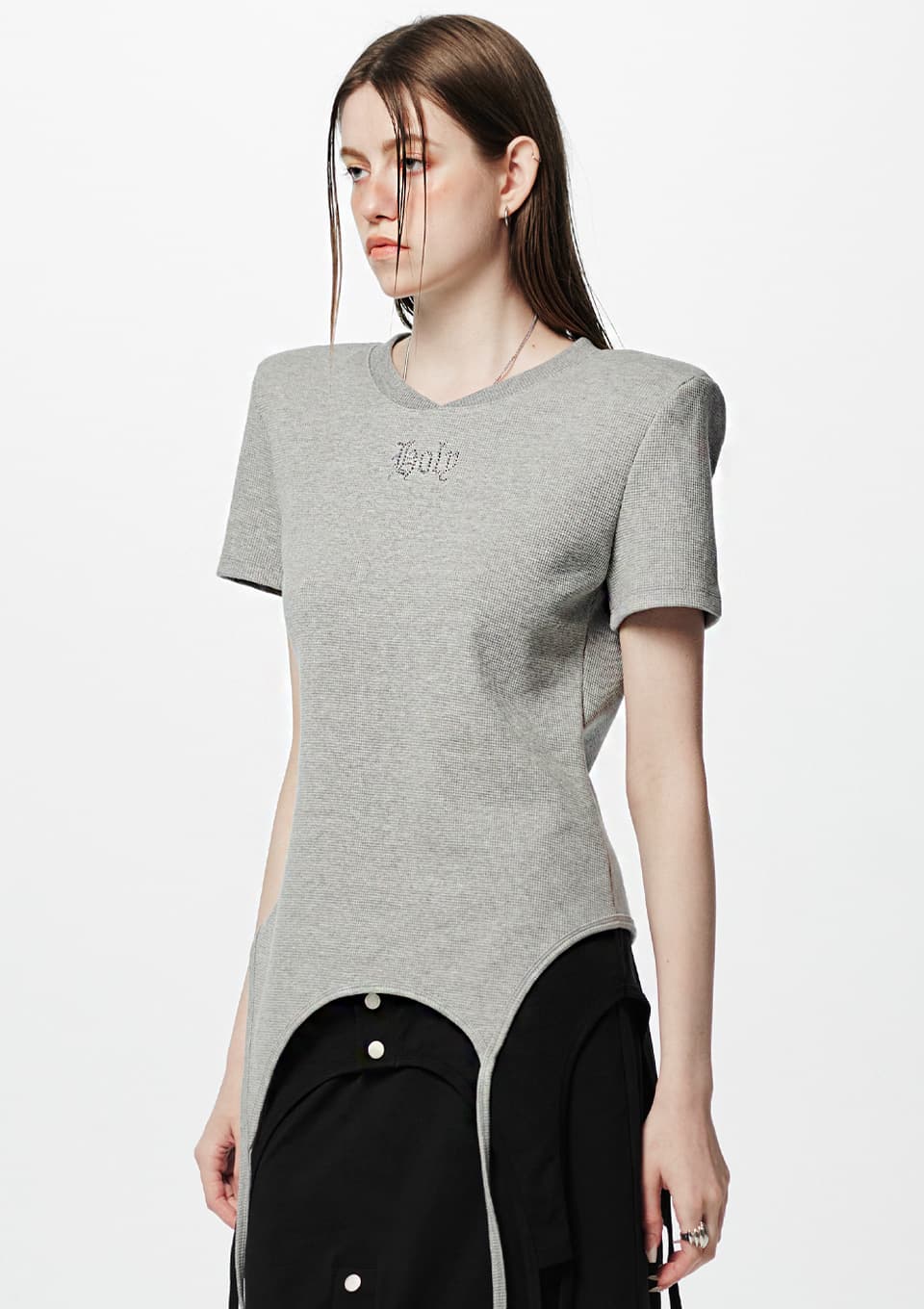 Shoulder-padded waffle T-shirt _ Gray — vue 1