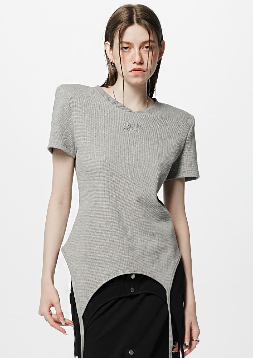 Shoulder-padded waffle T-shirt _ Gray