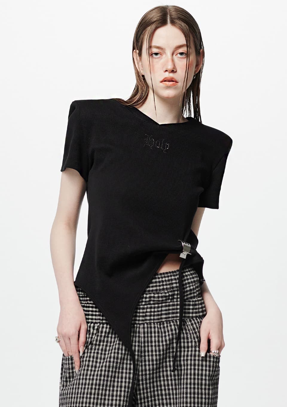 Shoulder-padded waffle T-shirt _ Black