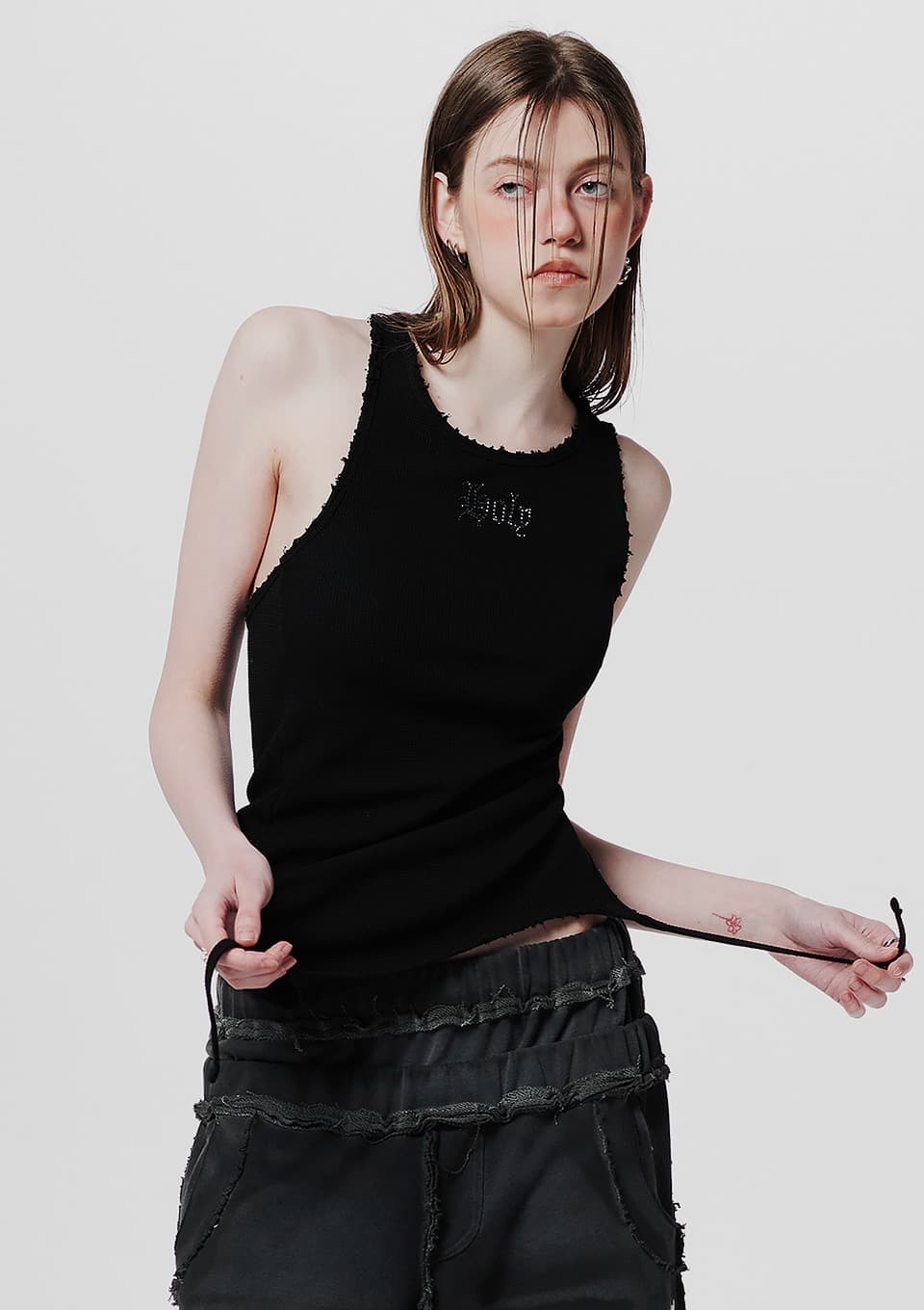Back Slit Waffle Shirring Top _ Black