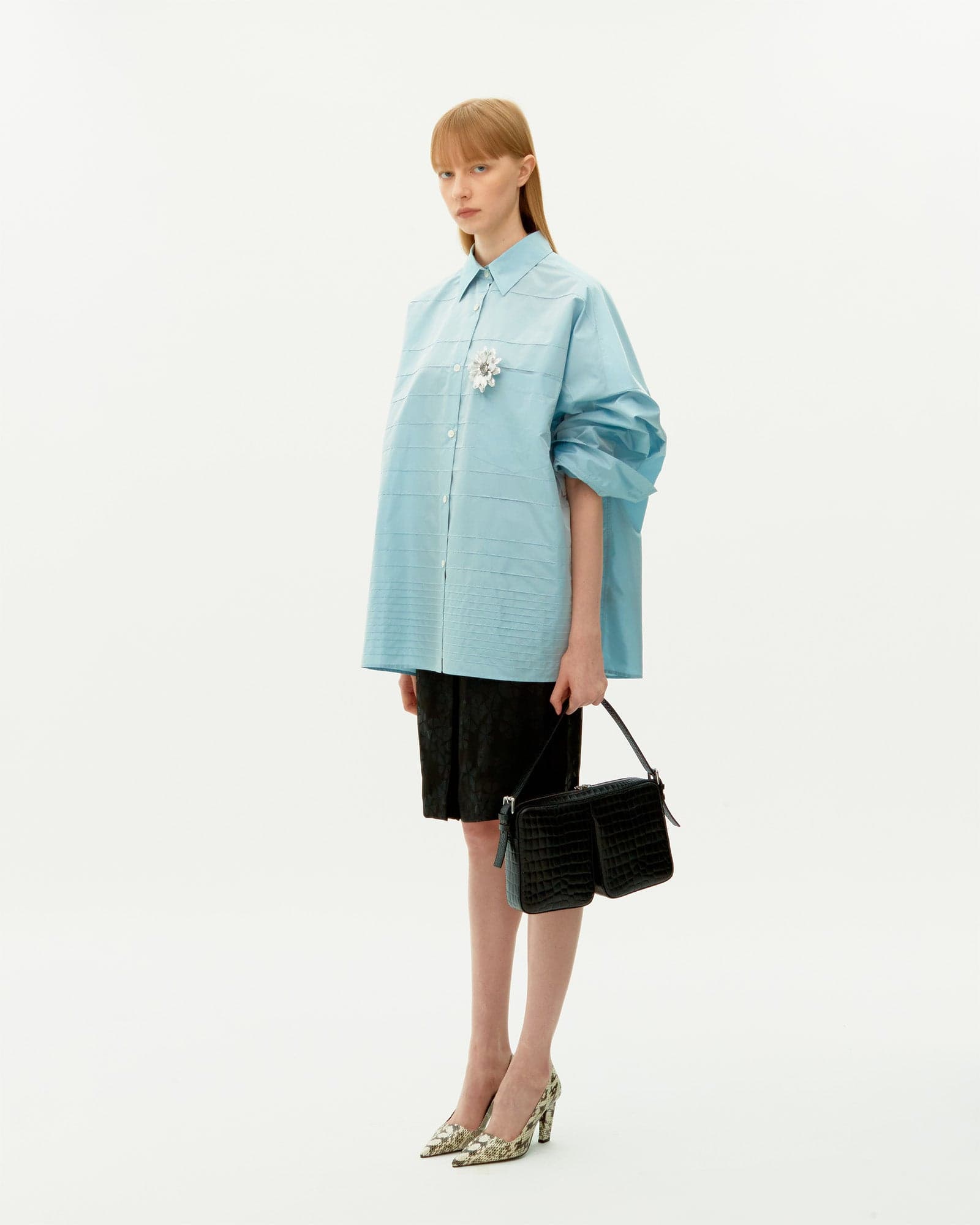 Black Jacquard Silk Hidden Pleated Skirt