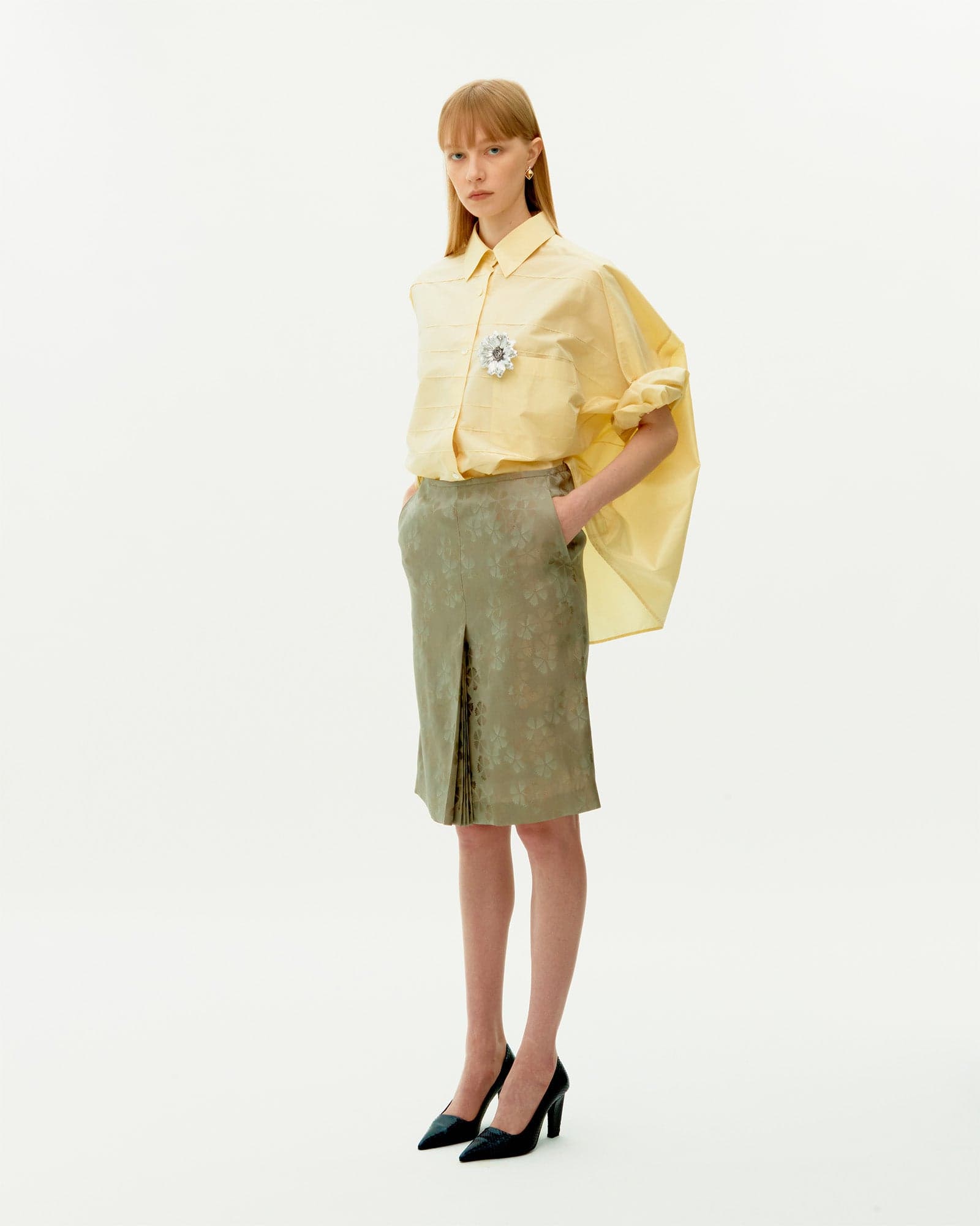 Beige Jacquard Silk Hidden Pleated Skirt