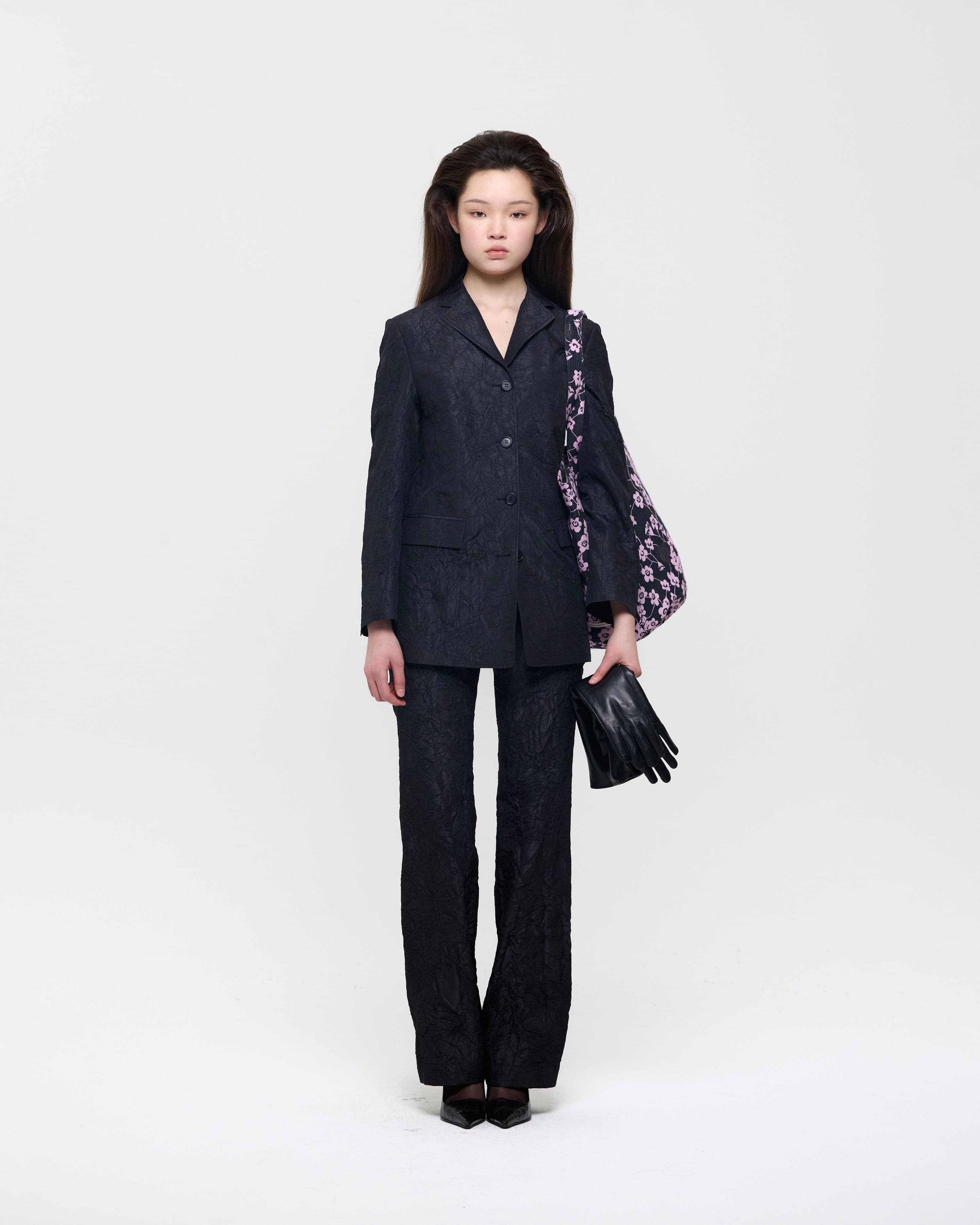 Black Creased Silk Taffeta Bell Bottom Trousers