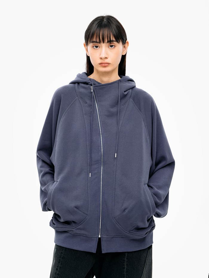 Asymmetric Zip-Up Hoodie - Blue