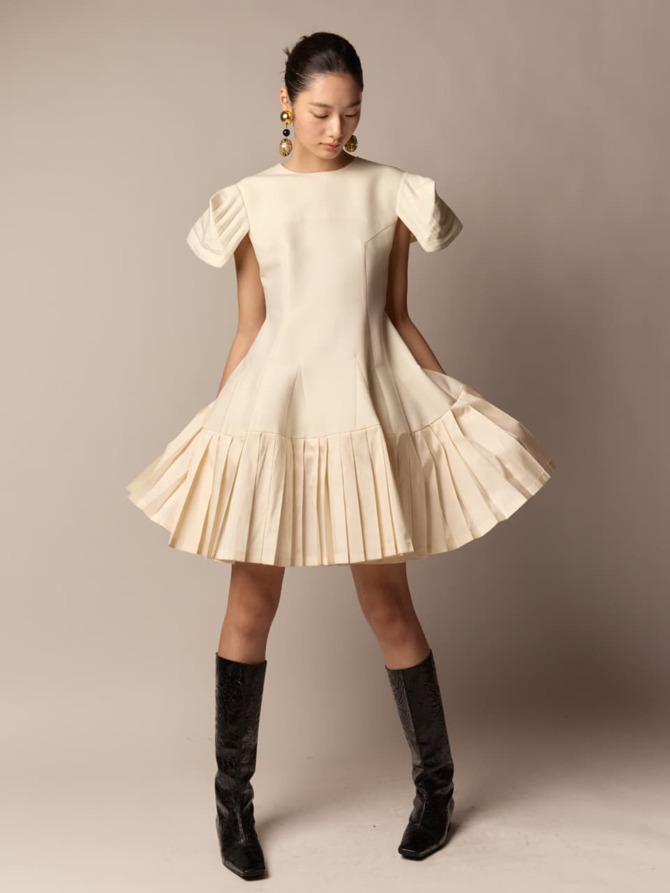 SJ Pleated Mini Dress - Ivory, Black