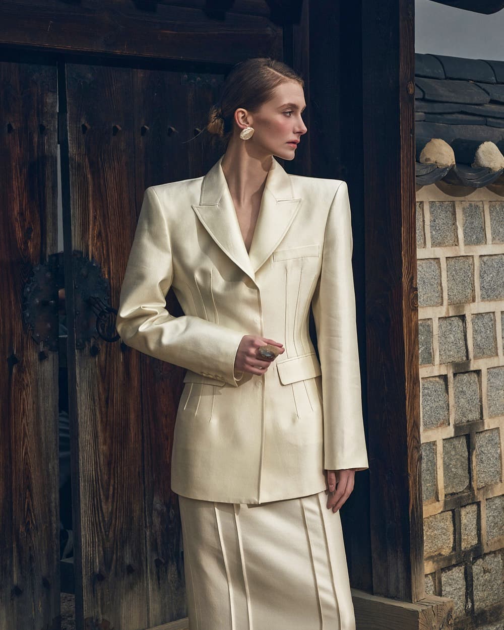 Wool-Silk Tailored Jacket (Ivory) — KSH52O2JK024