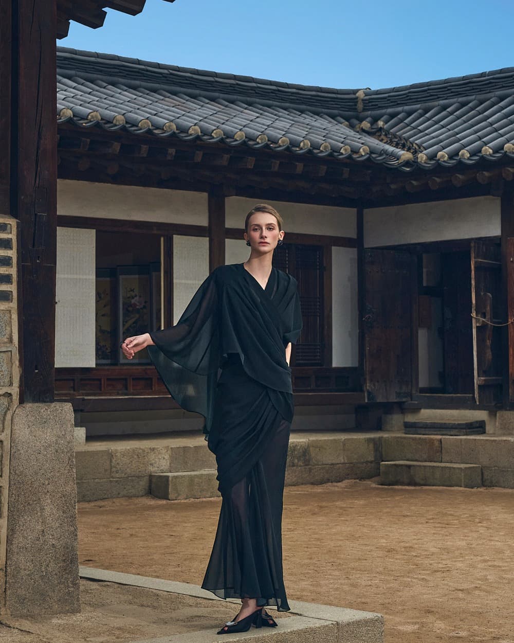 Polyester Blouse & Skirt Set (Black)
