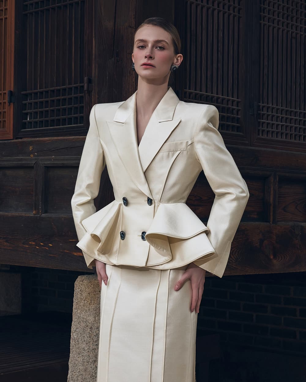 Veste tailleur en laine et soie (ivoire)