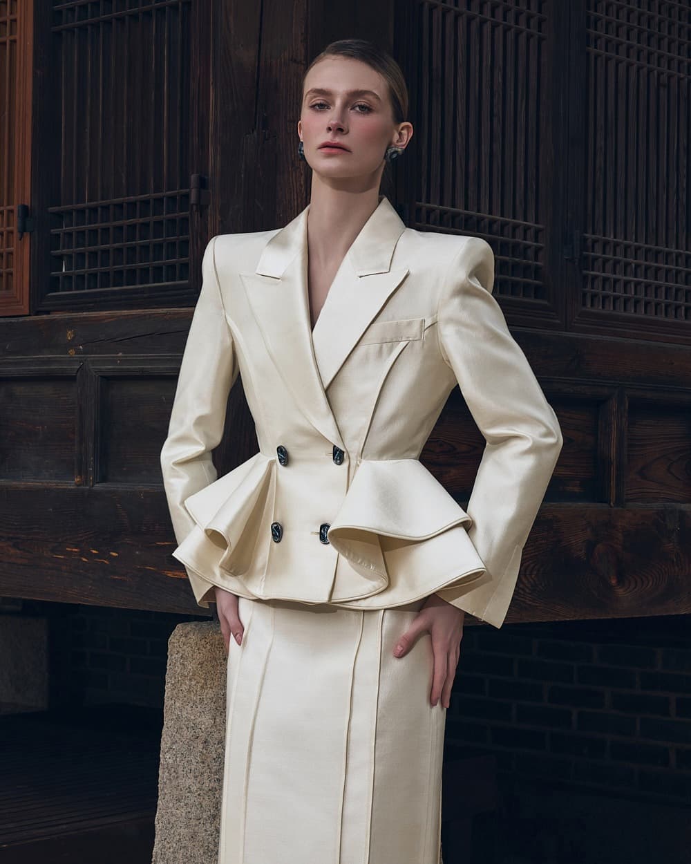 Wool-Silk Tailored Jacket (Ivory) — KSH52O2JK014