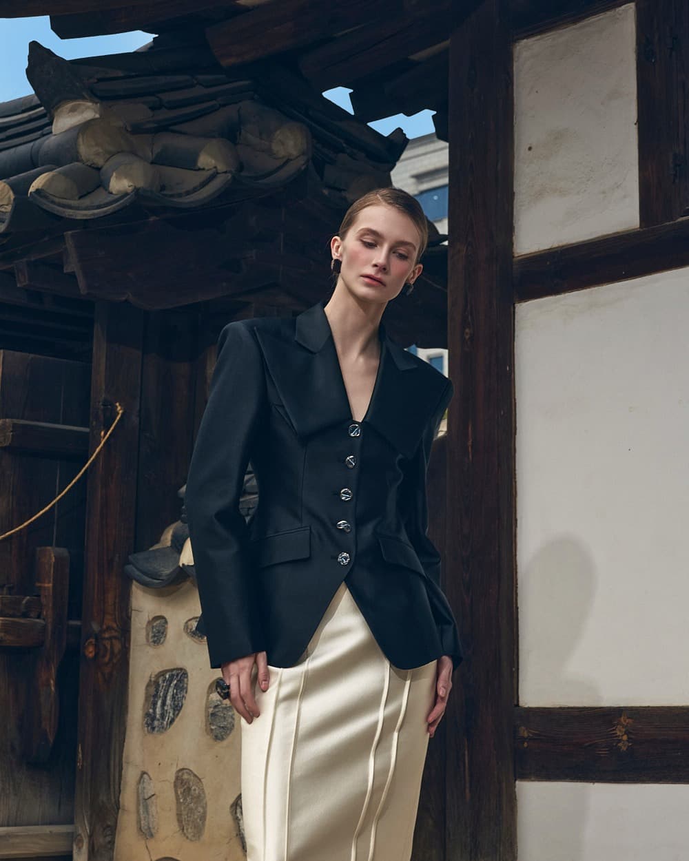 Wool-Silk Tailored Jacket (Black) — KSH52O2JK013