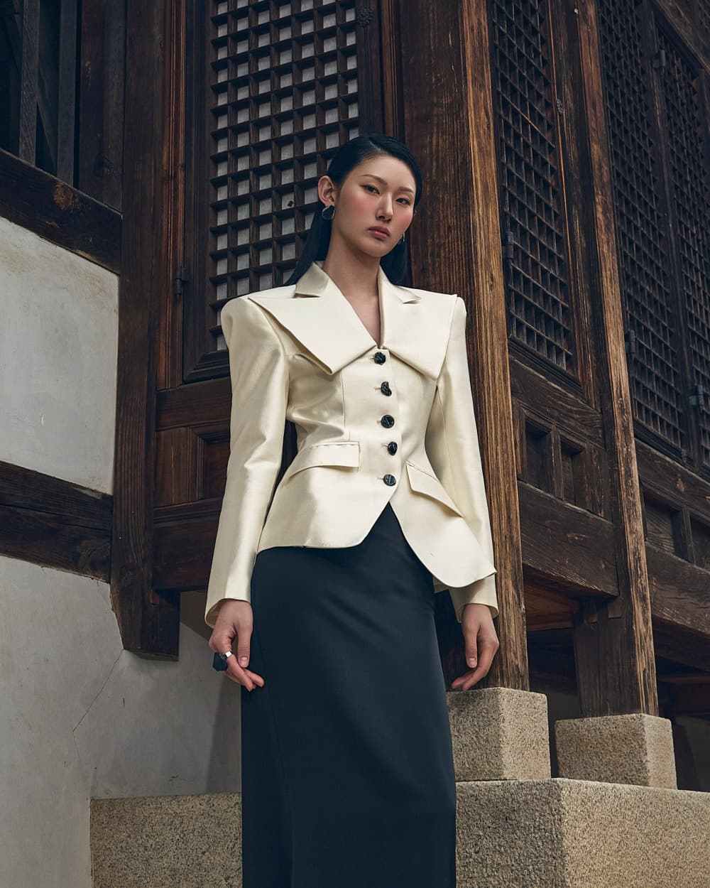 Wool-Silk Tailored Jacket (Ivory) — KSH52O2JK013