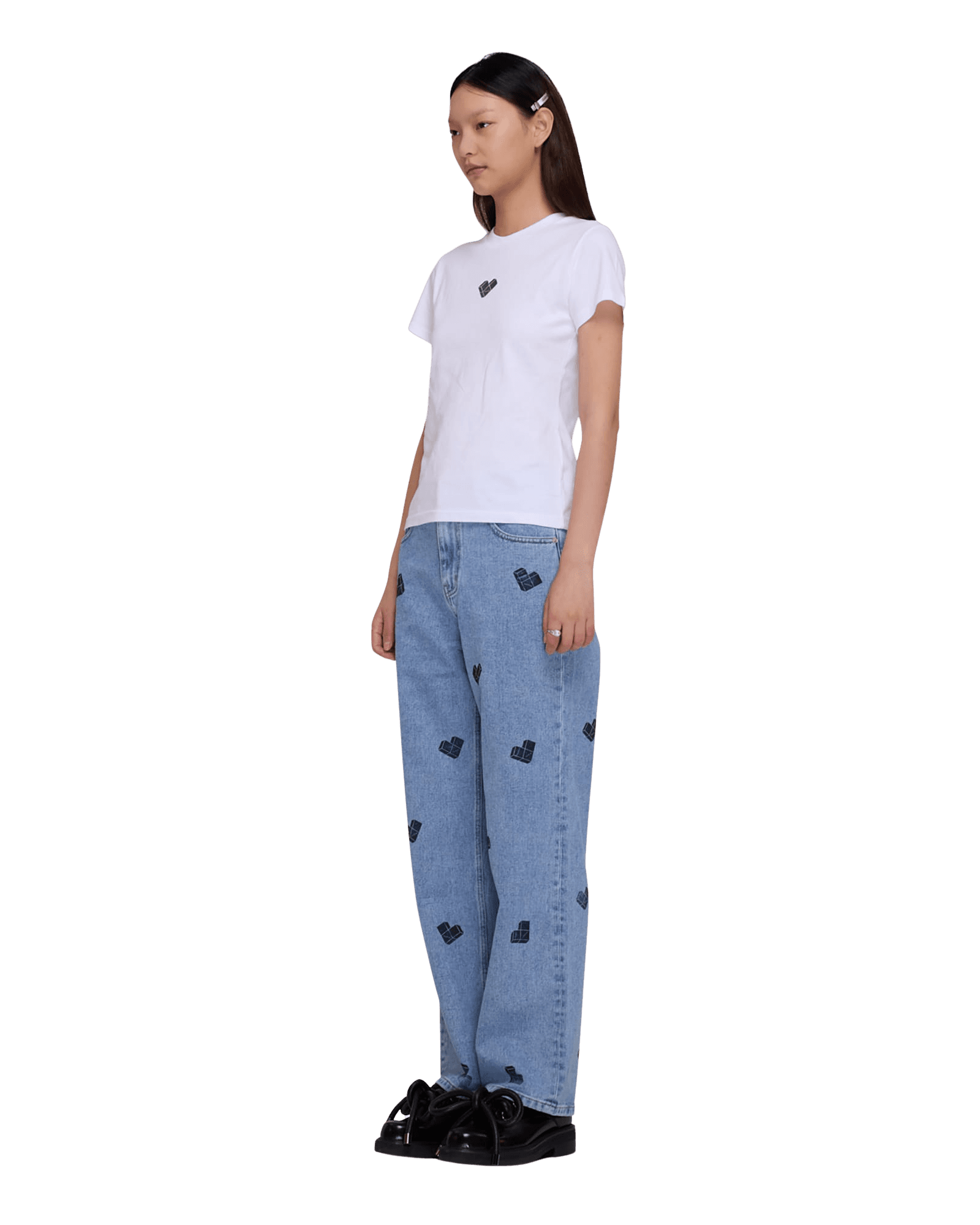 Heart Puzzle Stamped Slim Fit T-Shirt (White) — vue 2