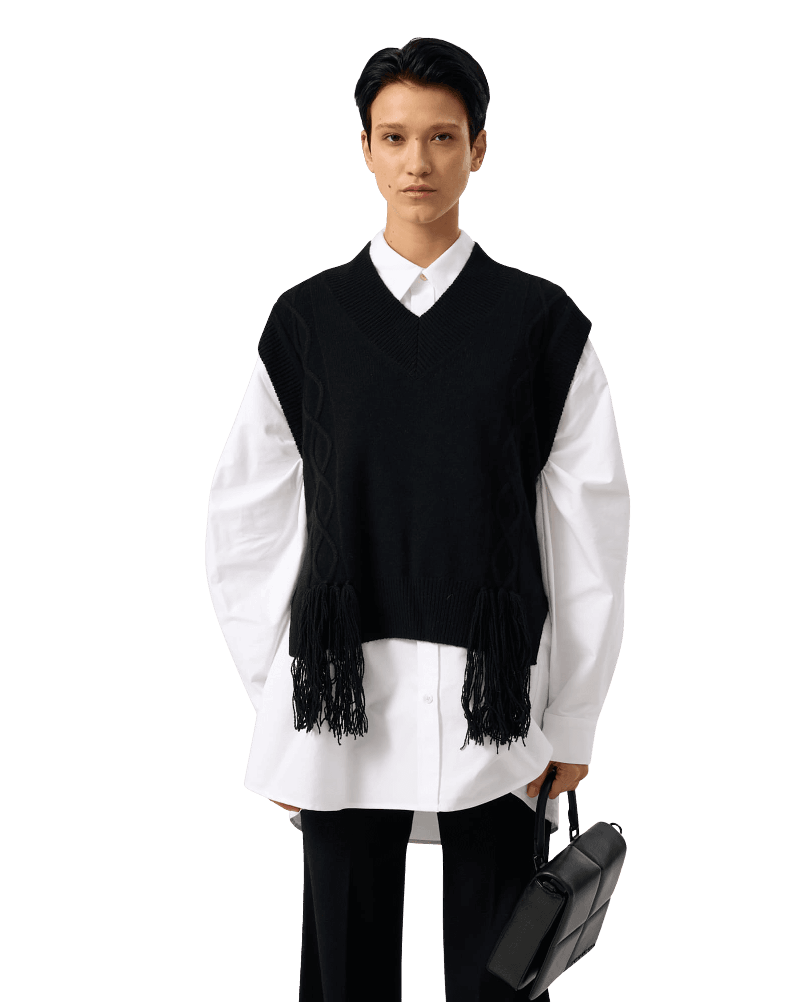 Fringed Knit Vest (Black) — vue 17