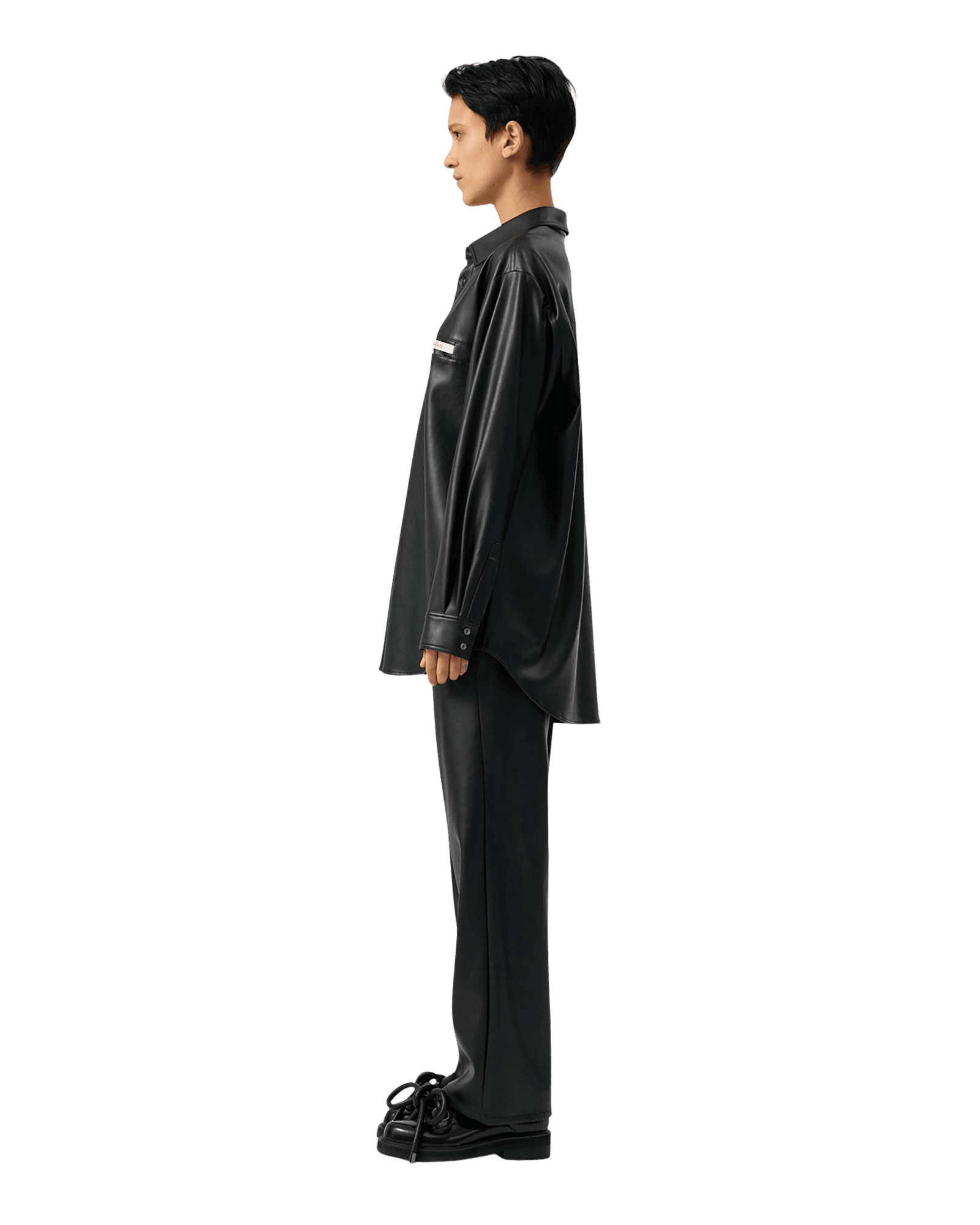 Vegan Leather Label Wide Fit Pants (Black) — vue 7