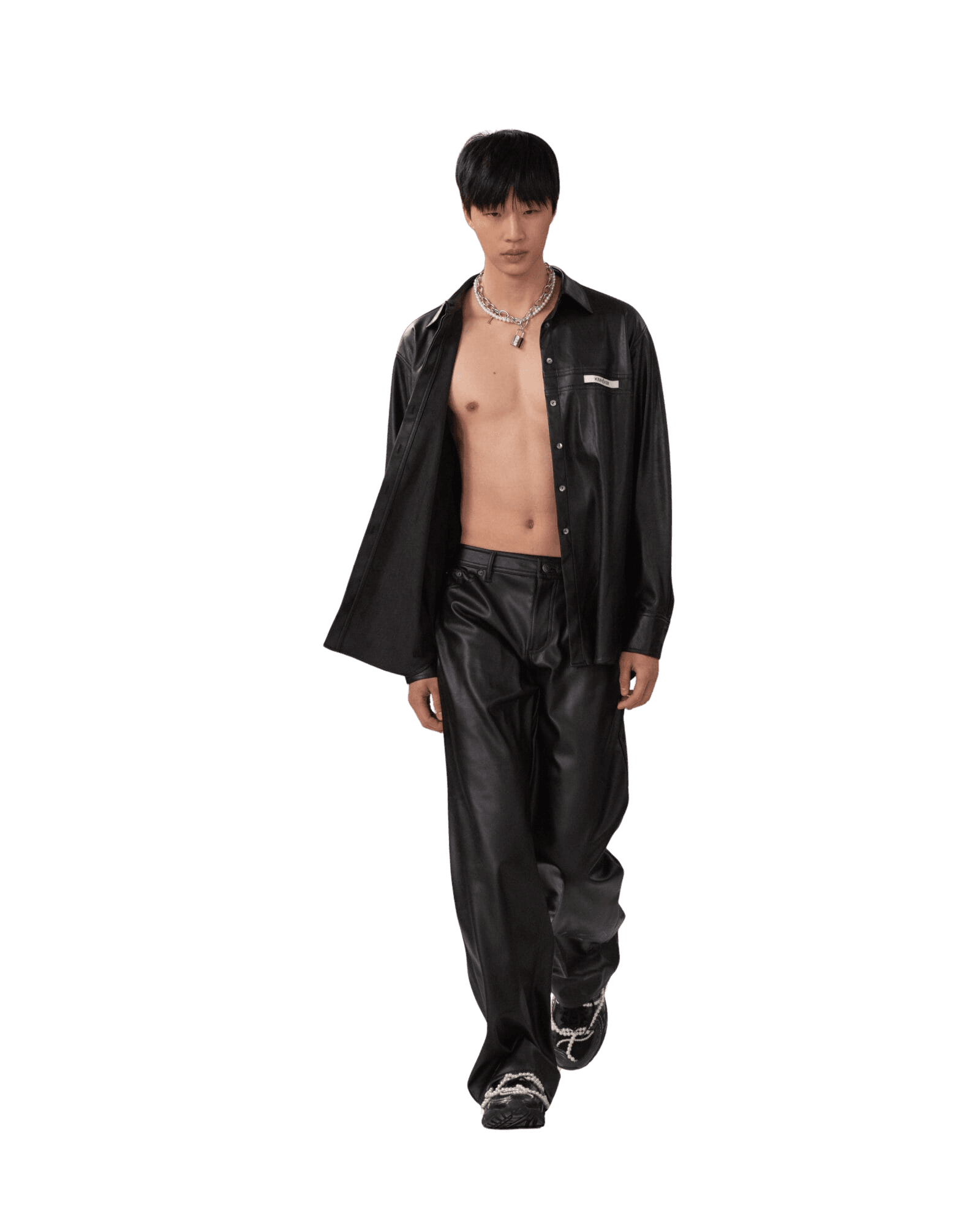 Vegan Leather Label Wide Fit Pants (Black)
